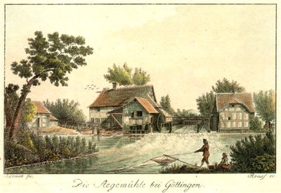 Voormalige Stegemühle op de plaats van de huidige gelijknamige waterkrachtcentrale aan de Leine ten zuiden van Göttingen door Christian Andreas Besemann